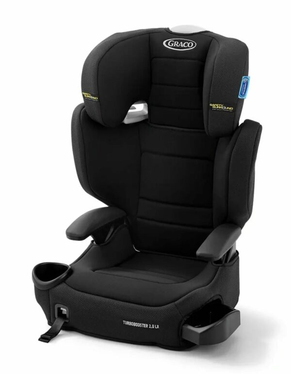 A black car seat with the cup holder in front of it.