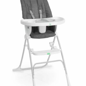 A high chair with a tray and cup holder.