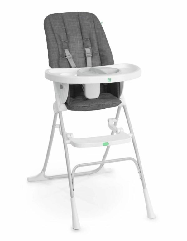 A high chair with a tray and cup holder.