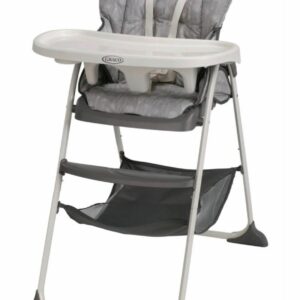 A baby high chair with a seat that is folded up.