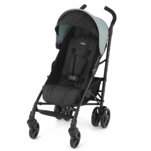 A black and grey stroller with wheels on the ground