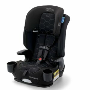 A black car seat with cup holders on the side.