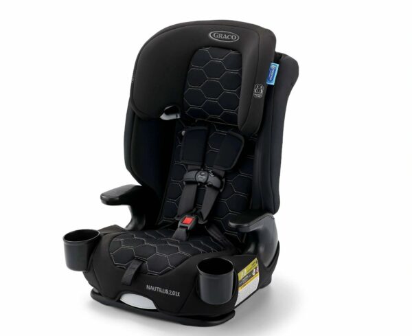 A black car seat with cup holders on the side.