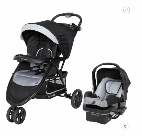 A stroller and car seat are shown.