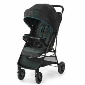 A black stroller with a blue seat and wheels.