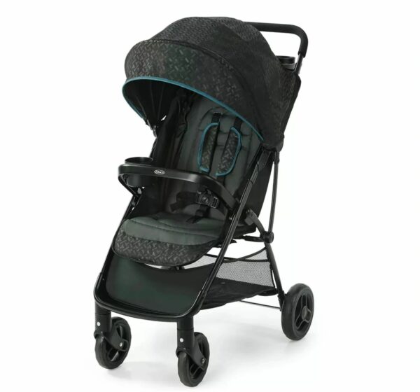 A black stroller with a blue seat and wheels.