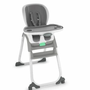 A gray and white high chair with the seat up.