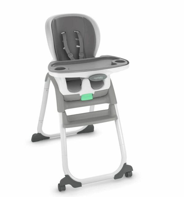 A gray and white high chair with the seat up.