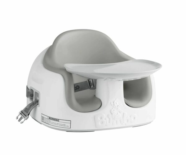 A gray and white booster seat with two straps.