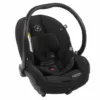 A black car seat with the front facing child.