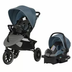 A stroller and car seat are shown.