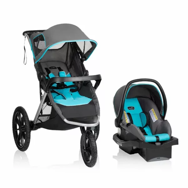 A stroller and car seat are shown.