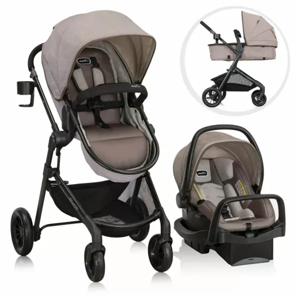 A stroller, car seat and base set for the chicco travel system.