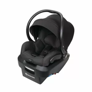 A black infant car seat with the canopy up.