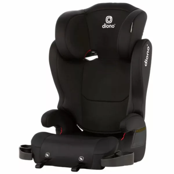 A black car seat with the logo of diono.