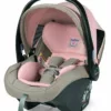 A baby car seat with pink and grey colors.