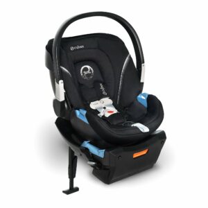 A black car seat with blue and white accents.