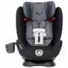 A black and gray car seat with the front facing child.