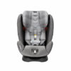 A car seat that is grey and has an orange button.