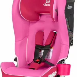 A pink car seat with the harness on.