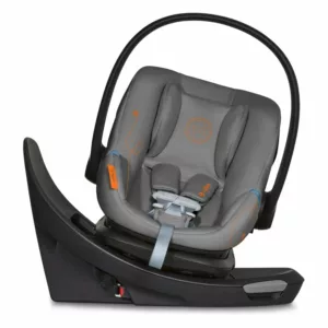 A baby seat with the seat belt removed.