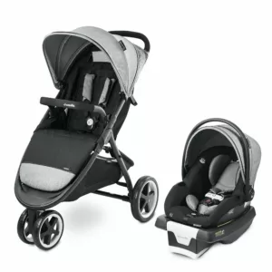 A stroller and car seat are shown.