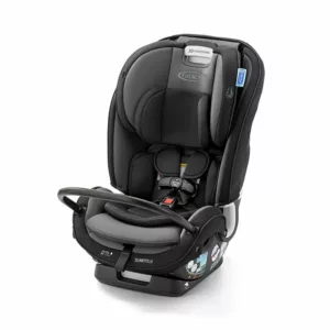 A black car seat with the front facing child.