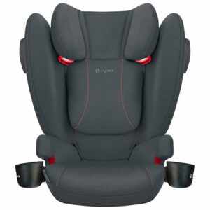 A gray car seat with red accents on it.