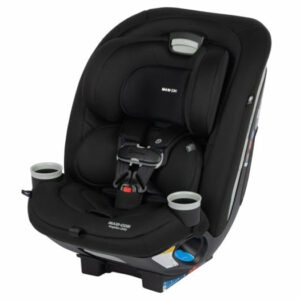 A black car seat with cups on the side.