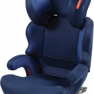 A blue car seat with the headrest up.