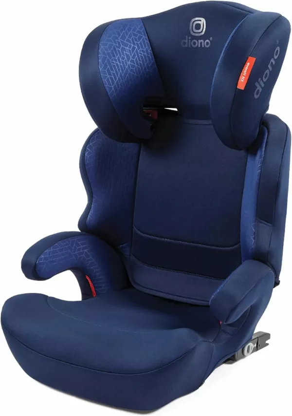 A blue car seat with the headrest up.