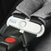 A car seat with the safety belt buckle removed.