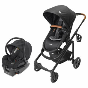 A black stroller and car seat with an orange handle.