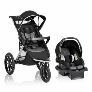 A stroller and car seat are shown.