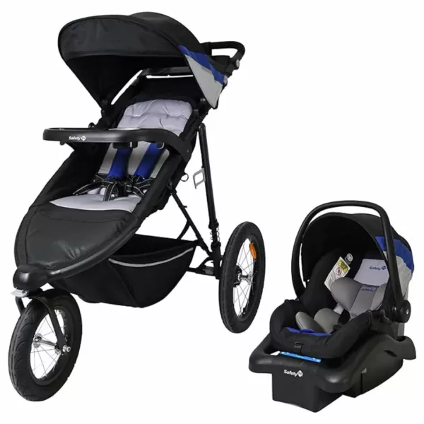 A stroller and car seat are shown.