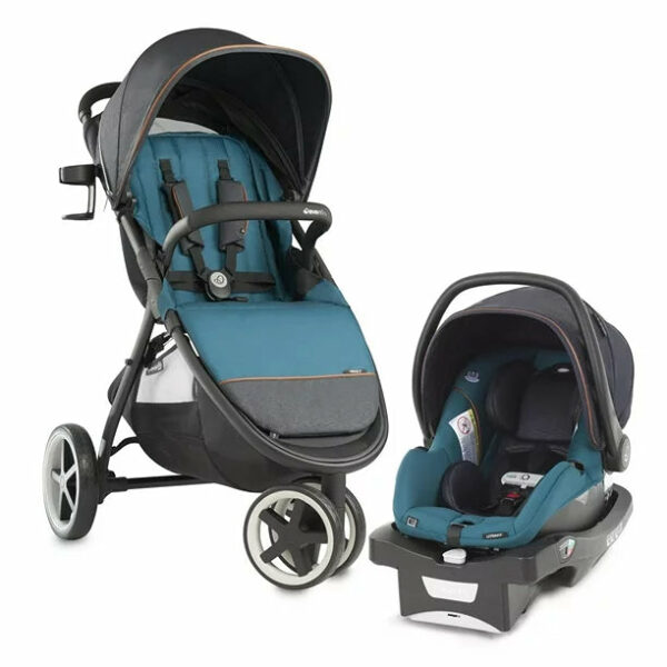 A stroller and car seat are shown together.