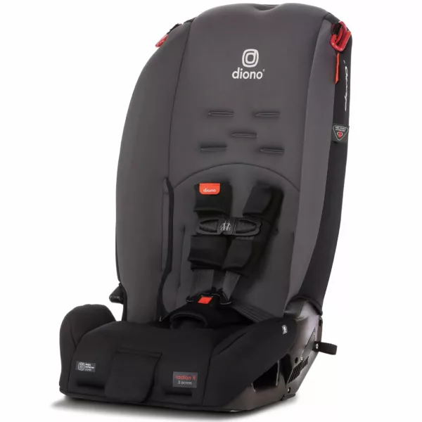 A black car seat with red accents on the bottom.