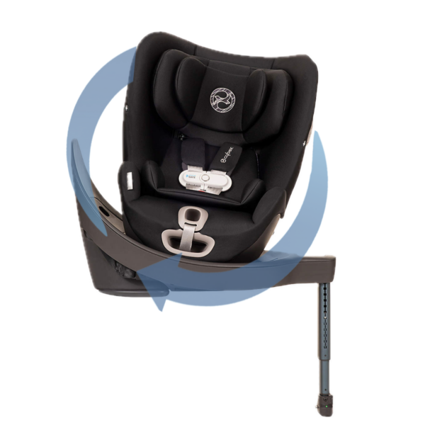 A black car seat with the seat belt on.