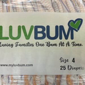 A close up of the package for luvbum diapers