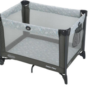 A baby crib with wheels and a canopy.